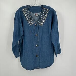 Donna Womens Denim Top Size L Blue Studded Embellished Button Western Vintage